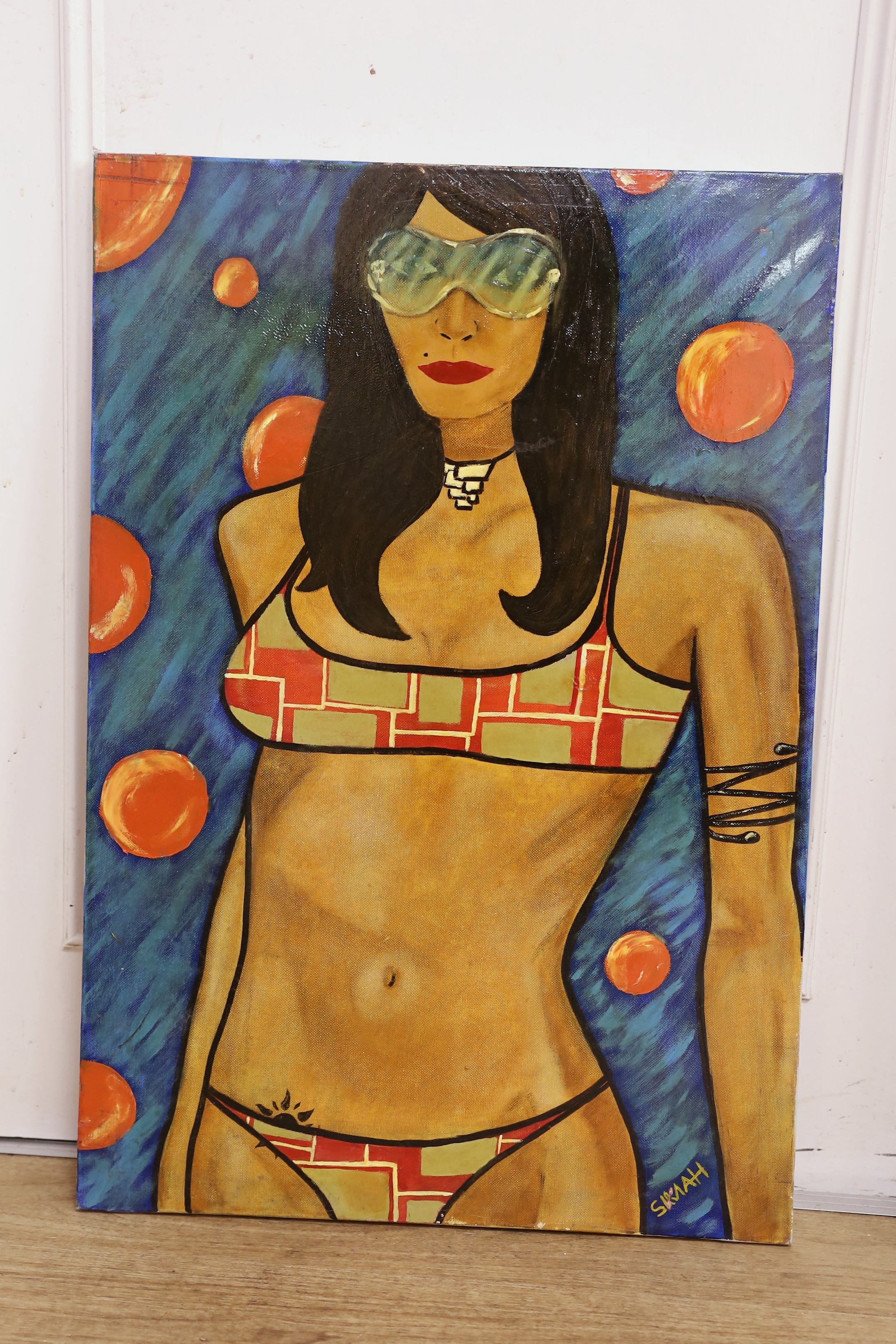 Samah, oil on canvas, Woman in a bikini, signed, 73 x 50cm, unframed